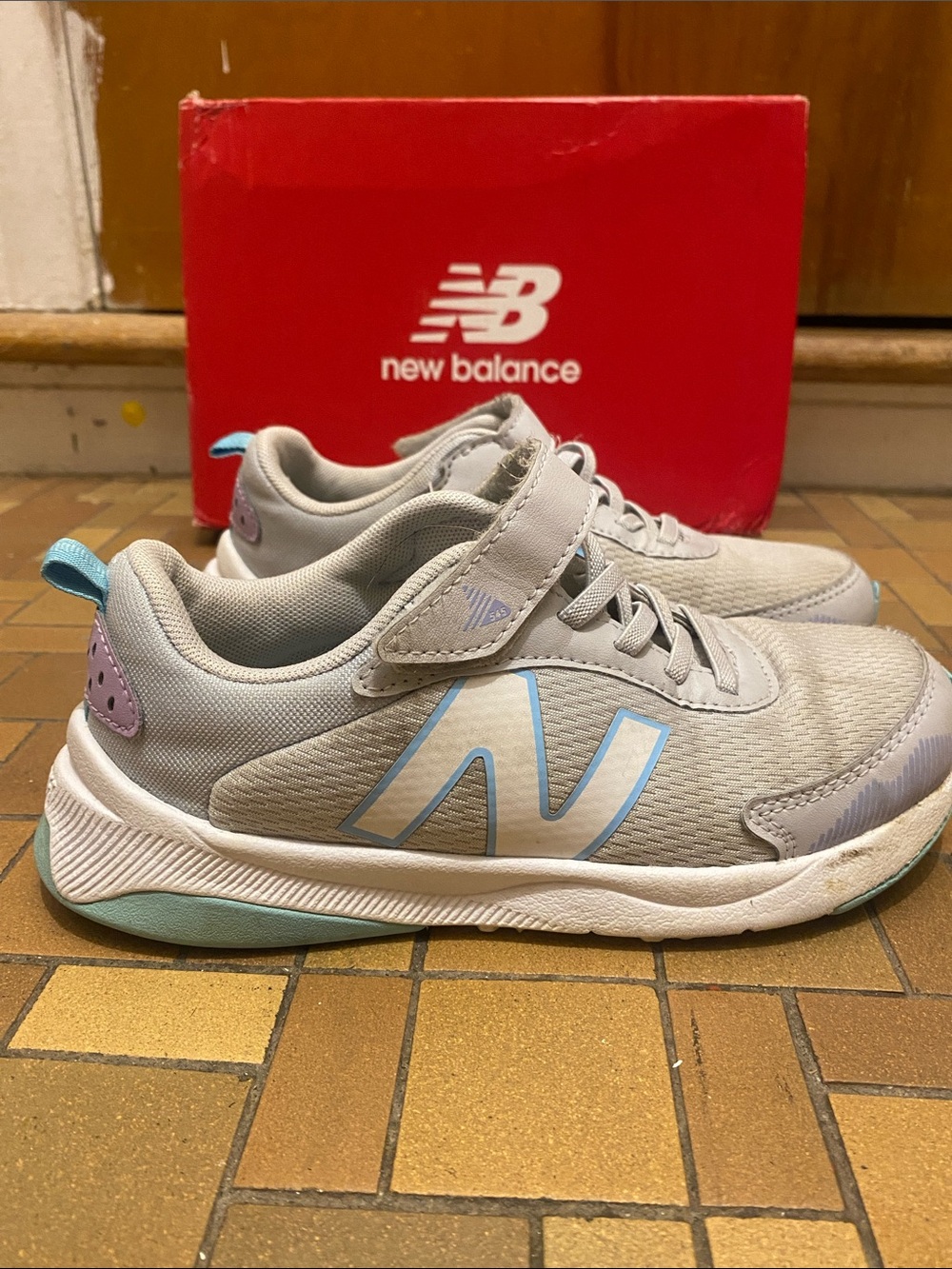 New Balance Kids Gray Sneakers with Light Blue and Lavender Accents